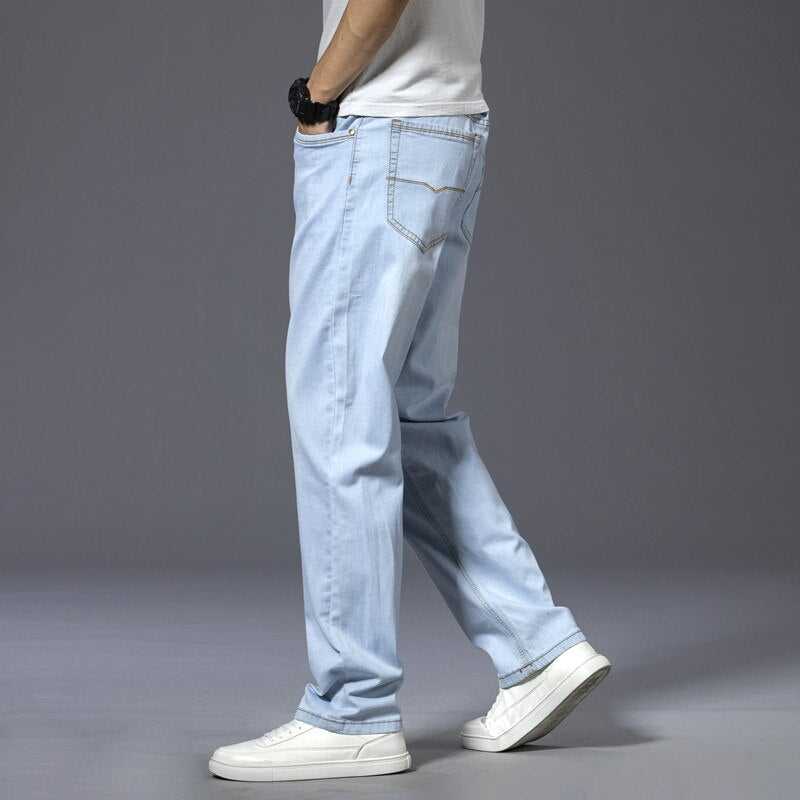 Summer New Business Casual Light Blue Jeans Comfortable and Soft High-quality Cotton Stretch Men's Straight Brand Trousers