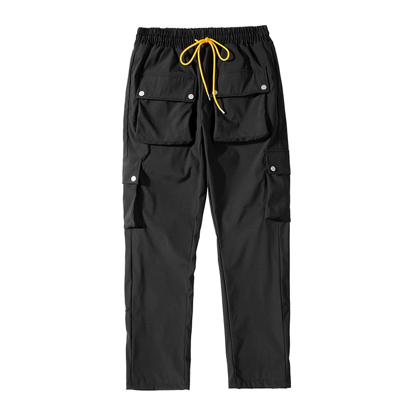 Multi-pocket Casual Trousers for Men and Women Side Breasted Drawstring Cargo Pants Harajuku Solid Loose Pants