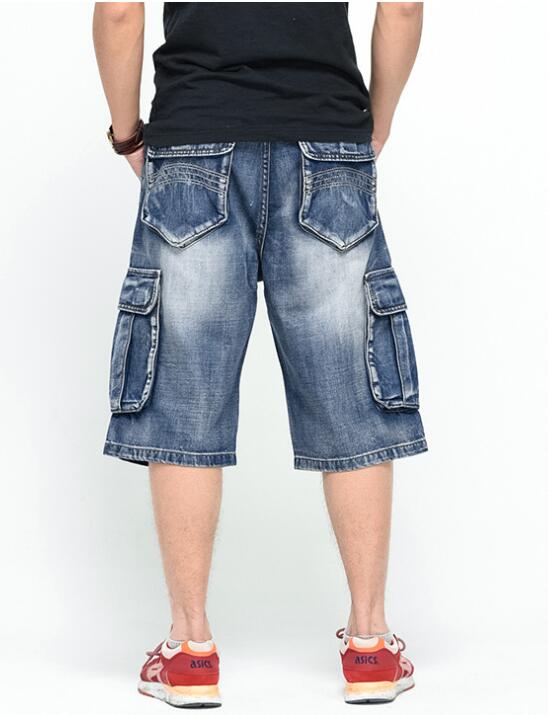 Men Loose Baggy Jeans Shorts Men Jeans Streetwear Long 3/4 Capri Cargo Shorts Pocket Bermuda Male Multi-Pocket Denim Shorts