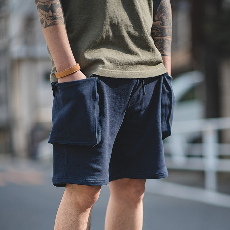 Maden Navy Blue P44 Cargo Joggers Shorts Men Loose Cotton Large Pocket Work Tactical Short Pants Amekaji Casual Knitted Shorts