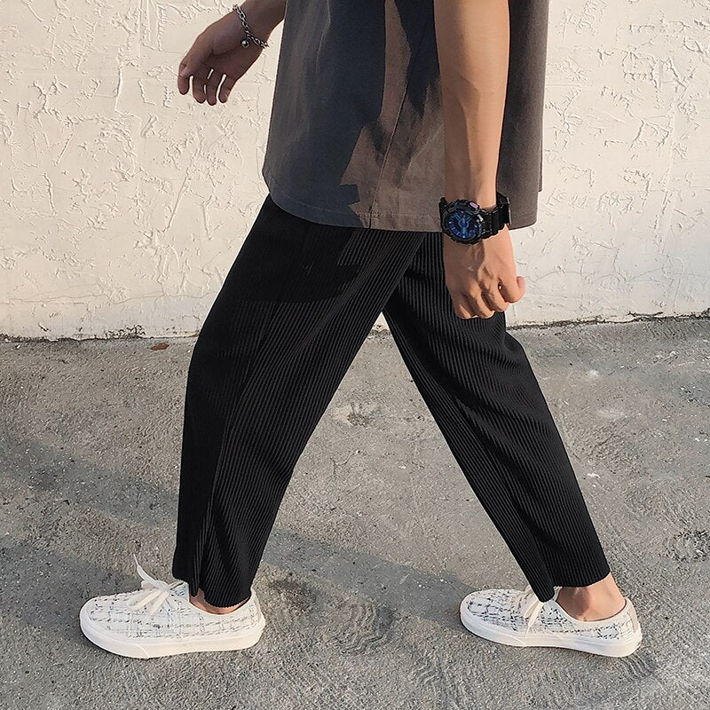 Pleated Straight Pants Men's Fashion Elastic Waist Casual Pants Men Streetwear Loose Ice Silk Trousers Mens Wide Leg Pants S-XL