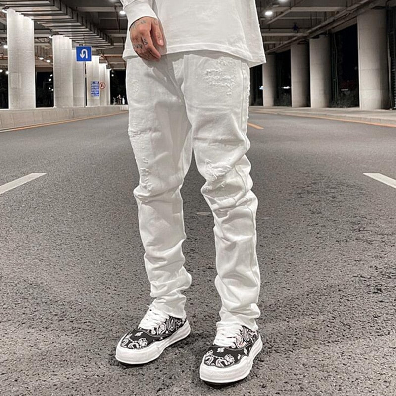 Back Zipper Hole Ripped White Jeans Pants Mens Straight Washed Retro Oversized Streetwear Casual Denim Trousers