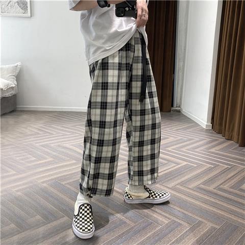 New Japanese Loose Cropped Pants Harajuke Plaid Casual Pants Autumn Korean Elastic Waist Wide Leg Pant