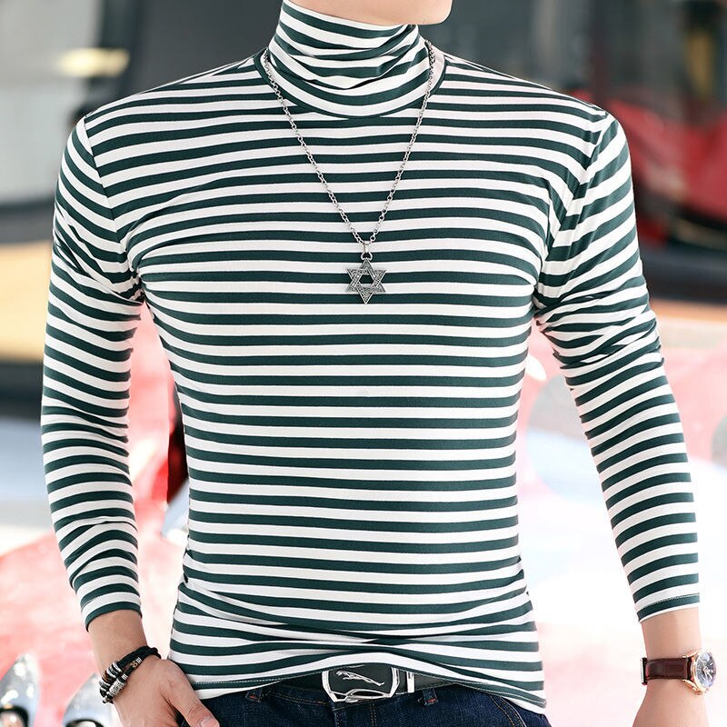 Autumn Winter Pure Cotton Long Sleeve T Shirt Men Striped Turtleneck Tops Tees Big Size Male Slim Fit T Shirt Homme F291