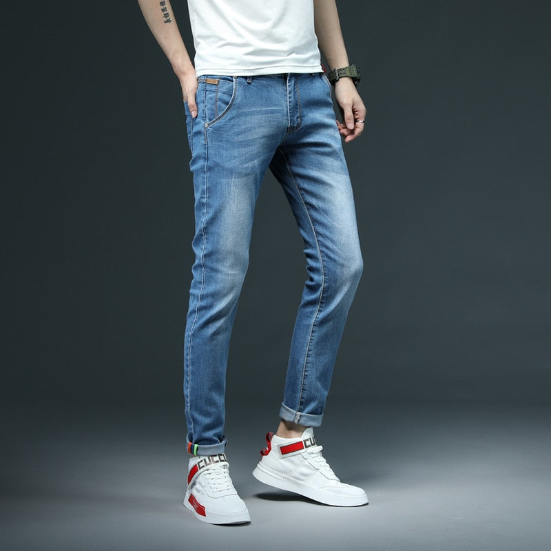 New Men's Skinny White Jeans Fashion Casual Elastic Cotton Slim Denim Pants Male Brand Clothing Black Gray Khaki