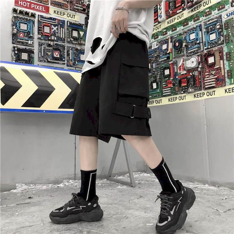 Men Women's Cargo Shorts Korean Students Loose Summer Wide Leg Casual Short Pants Retro Punk Style Streetwear Unisex Hip Hop