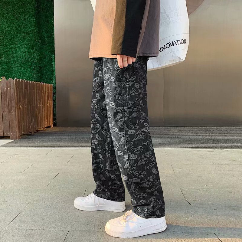 Cashew flower black jeans men's straight tube loose spring and autumn summer Korean fashion men's baggy pants denim trousers