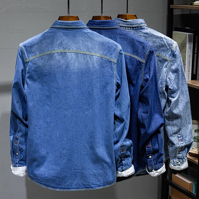 Japanese Korean Trend Long-sleeved Retro Denim Shirt Men's Fashion Casual All-match Jean Shirt Jacket Male High-end Brand Tops