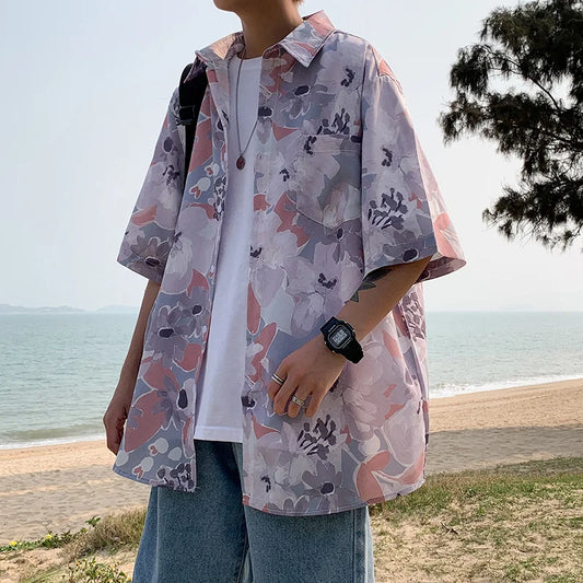 Shirt Men's Couple's Hawaiian Flower Short Sleeve Coat Fashion Korean Summer Quarter Sleeve Harajuku Shirts for Men