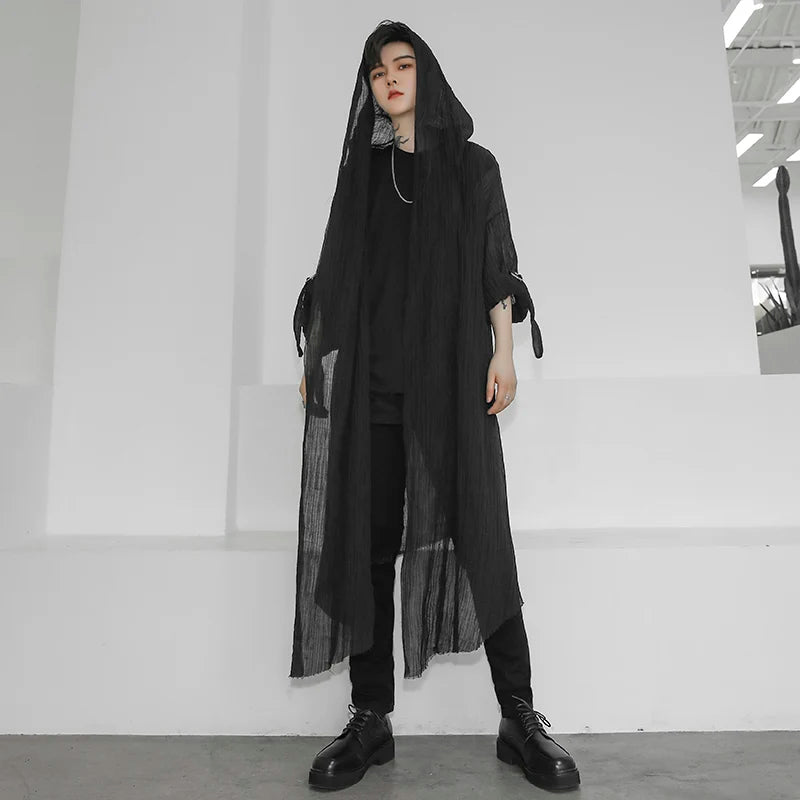 High Quality Mens Trench Unisex Casual Open Stitch Hooded Long Cloak Cape Coat Hip Hop Men Solid Loose Trenchcoat