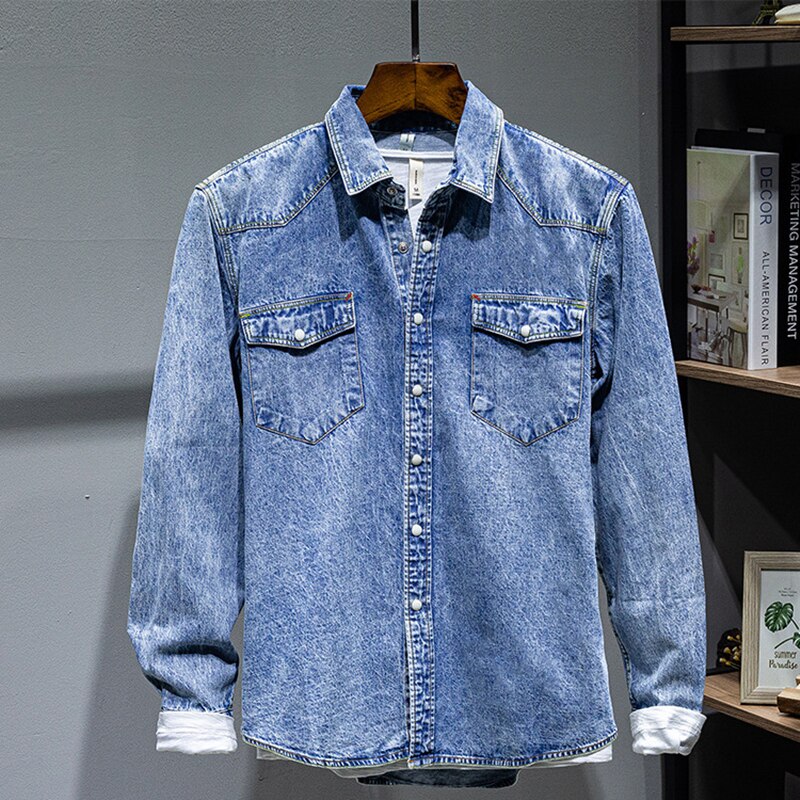 Japanese Korean Trend Long-sleeved Retro Denim Shirt Men's Fashion Casual All-match Jean Shirt Jacket Male High-end Brand Tops