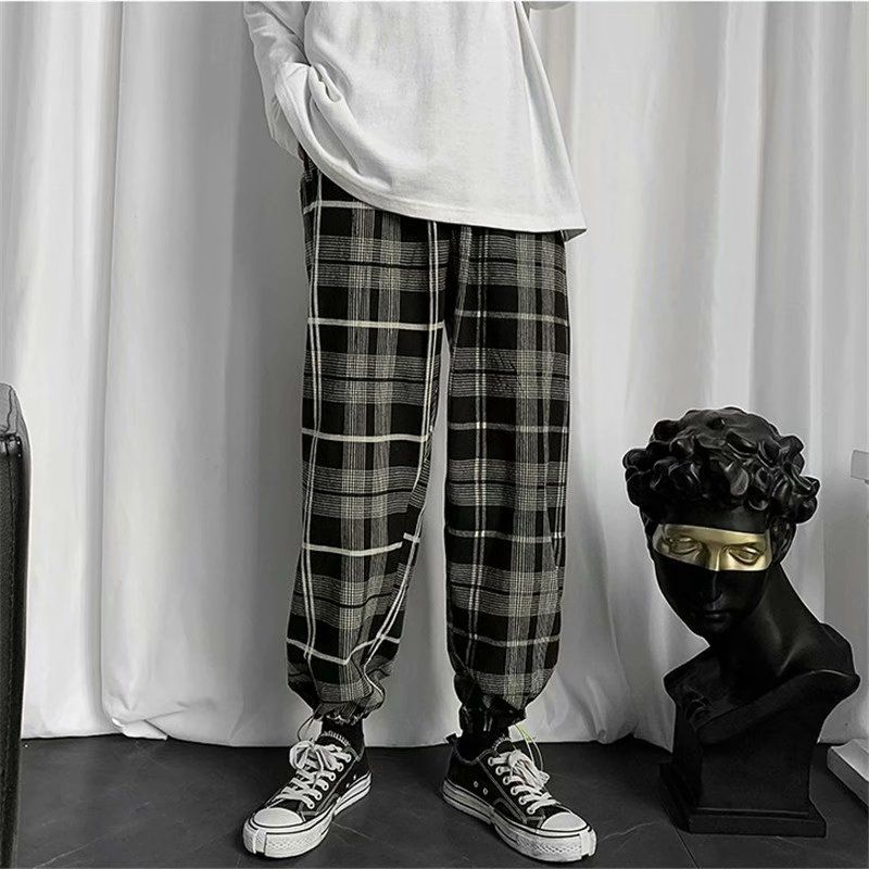 New Japanese Loose Cropped Pants Harajuke Plaid Casual Pants Autumn Korean Elastic Waist Wide Leg Pant