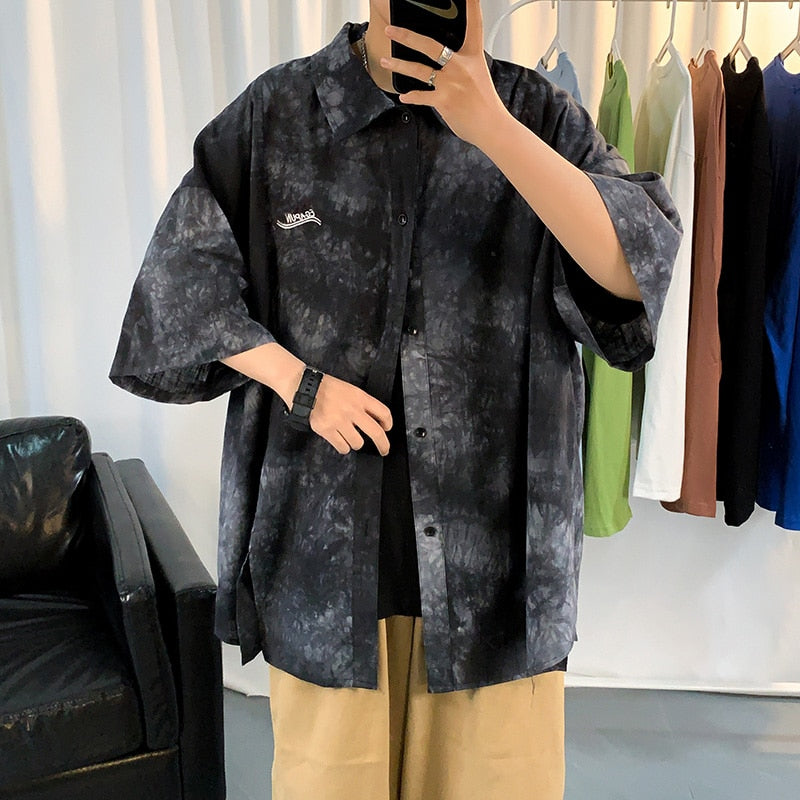 Summer  new shirt men's short sleeve Korean casual loose jacket trend tie dyed shirt handsome thin shirts рубашка мужская