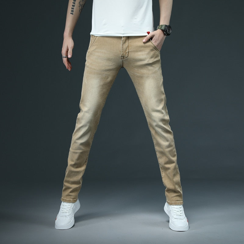 New Men's Skinny White Jeans Fashion Casual Elastic Cotton Slim Denim Pants Male Brand Clothing Black Gray Khaki