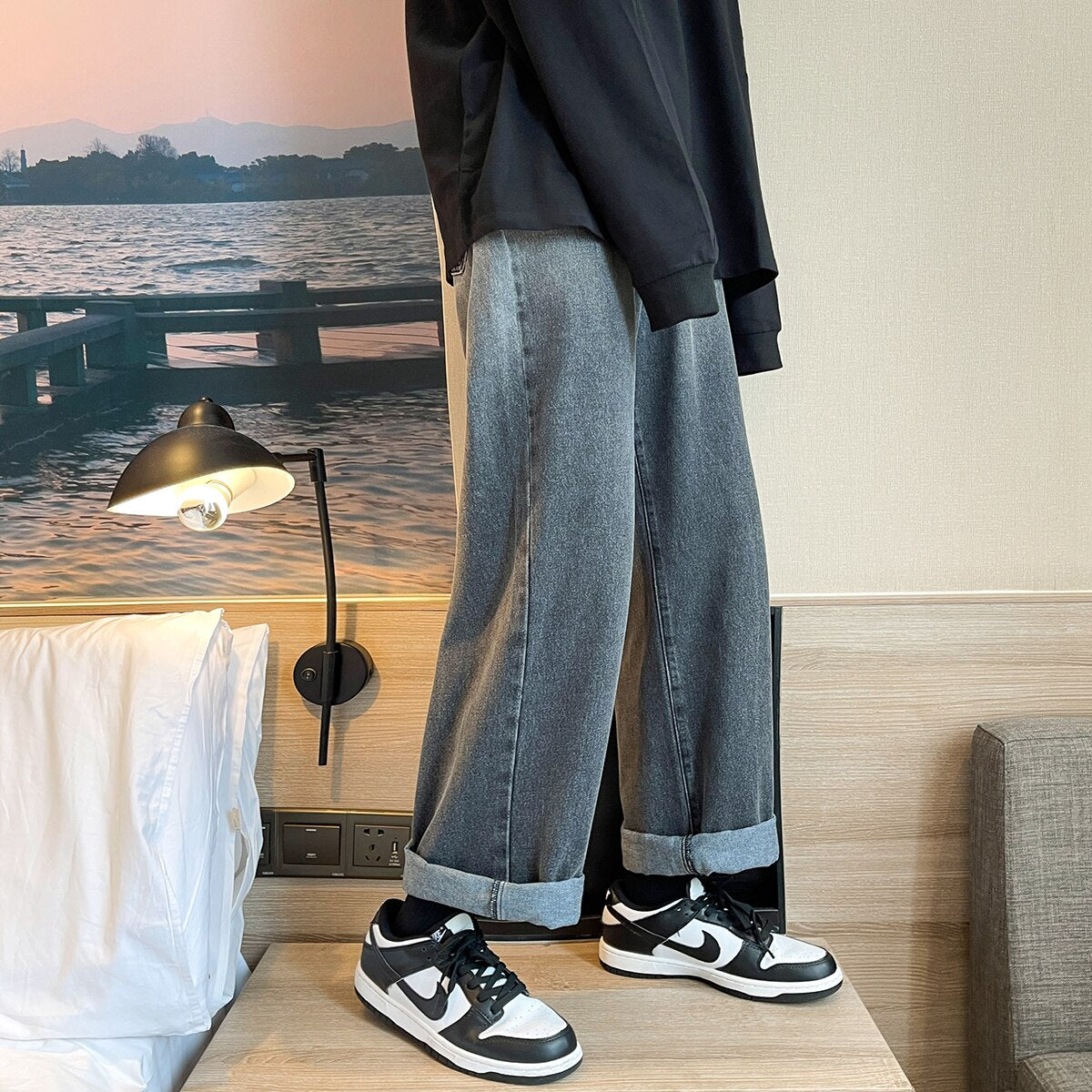 Spring New Men's Denim Wide-leg Pants Streetwear Korean Fashion Gradient Baggy Jeans Male Brand Clothes Black Blue