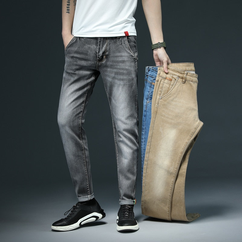 New Men's Skinny White Jeans Fashion Casual Elastic Cotton Slim Denim Pants Male Brand Clothing Black Gray Khaki