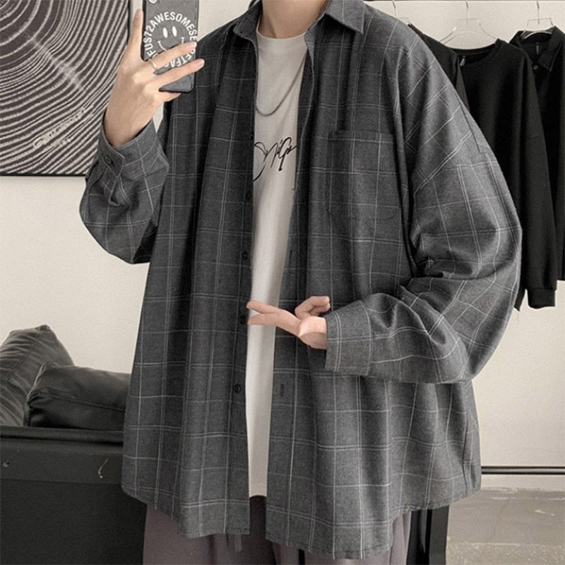 Plaid Shirt Men's fashion brand ins casual versatile shirt Korean fashion coat handsome clothes