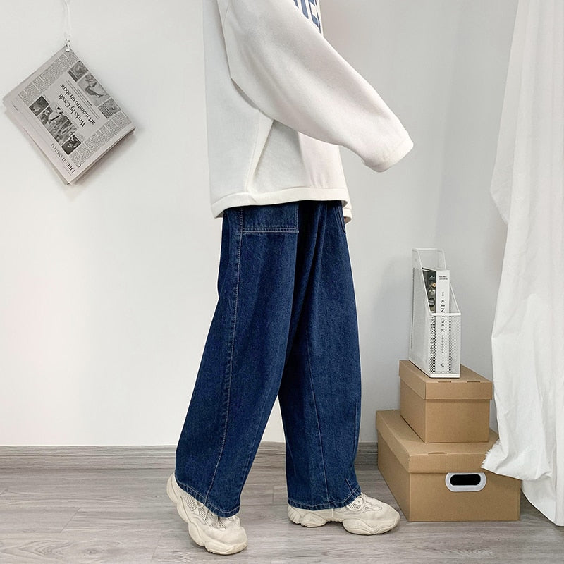 Men Wide Leg Jeans Baggy Retro Blue Japanese Simple Leisure Stylish Soft All-match Pocket Large Size S-3XL Solid New-fashion Hot