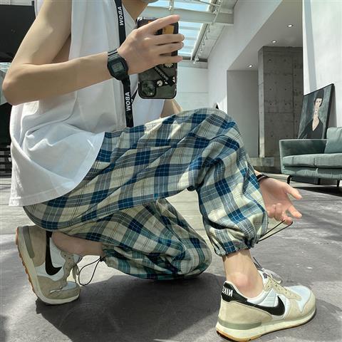 New Japanese Loose Cropped Pants Harajuke Plaid Casual Pants Autumn Korean Elastic Waist Wide Leg Pant