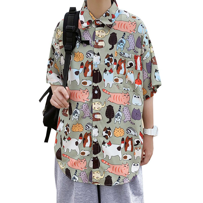 Hawaiian cartoon short sleeve shirt men's summer fashion brand inspi Shuai thin loose cotton half sleeve camisa streetwear