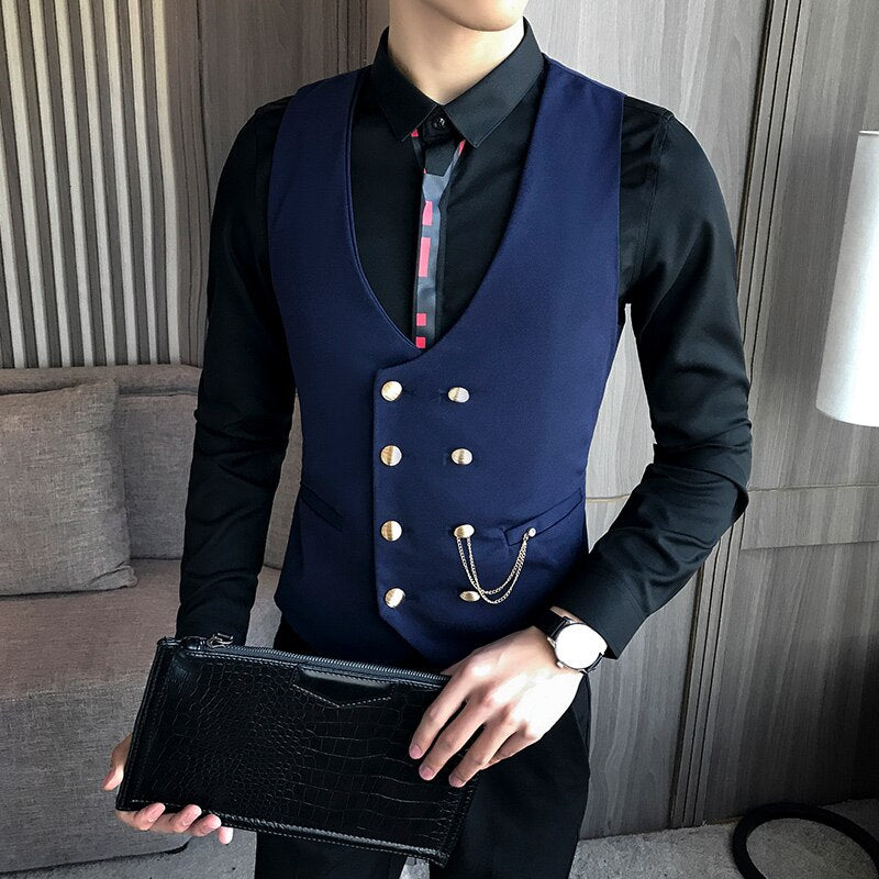 Dress vest men wedding suit vests double-breasted fashion classic wait coat for men business casual barber work vest male