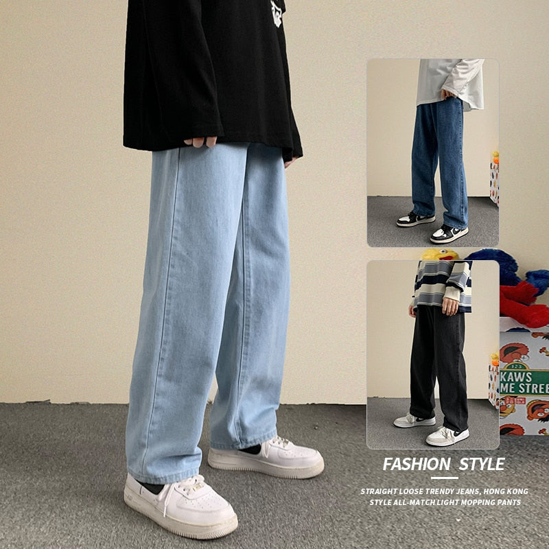 Men's Hip Hop Loose Jeans Autumn New Streetwear Straight Baggy Wide Leg Pants Male Brand Trousers Light Blue