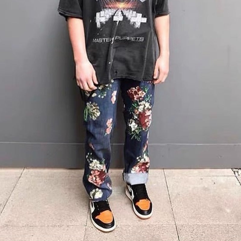 Hand Painted Floral Jeans Mens Straight Oversized Retro Casual Denim Pants Loose Washed Ripped Jean Trousers