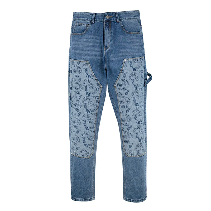 FORUWISH  -  Hip Hop Washed Blue Patchwork Cashew Flower Casual Men's Jeans Trousers Straight Retro High Street Oversized Baggy Denim Pants