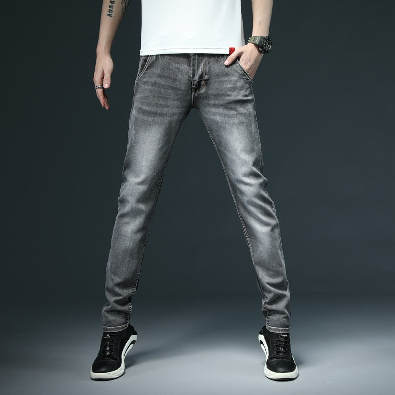 New Men's Skinny White Jeans Fashion Casual Elastic Cotton Slim Denim Pants Male Brand Clothing Black Gray Khaki