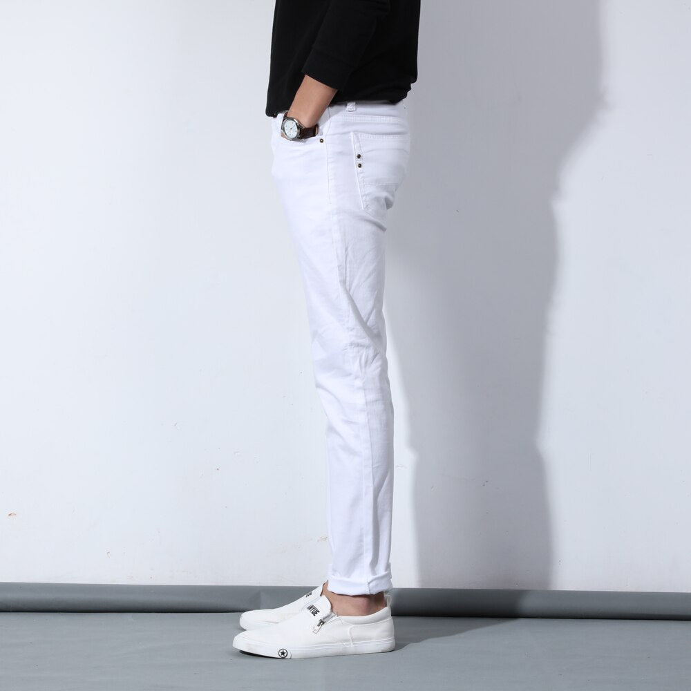 Autumn Men's Pure White Cotton Jeans Fashion Casual Slim Stretch Pants Male Brand Clothes