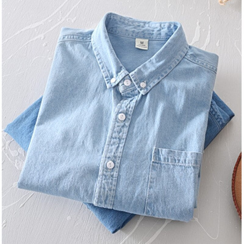 100% Cotton Denim Shirts For Men Korean Fashion Mens Cowboy Blue Blouse Long Sleeve Jean Shirts Male Casual Tops Clothing