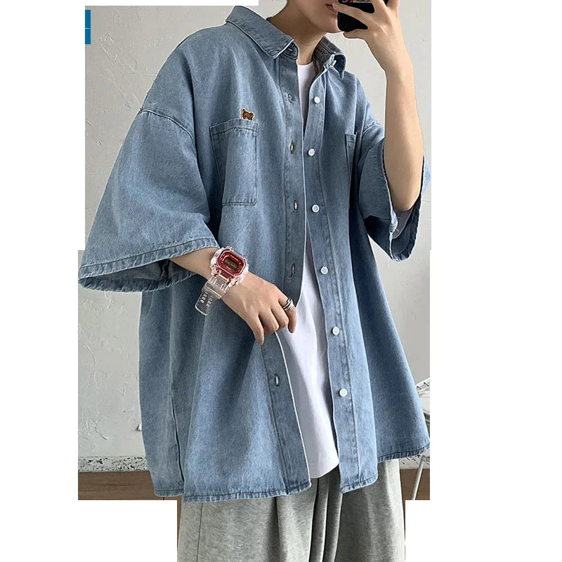 Bear Embroidered Denim Short Sleeve Shirt Men's summer half Sleeve coat thin ruffian handsome trend camisa shirts streetwear