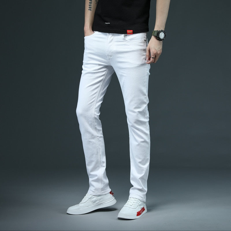 New Men's Skinny White Jeans Fashion Casual Elastic Cotton Slim Denim Pants Male Brand Clothing Black Gray Khaki