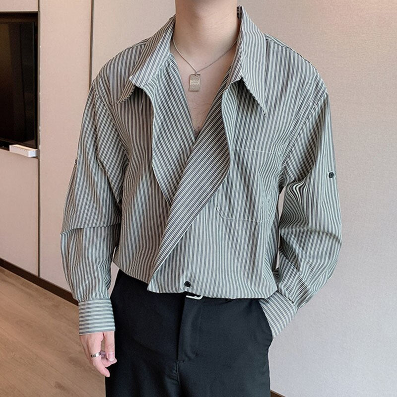 Korean Fashion Chic Striped Tops Men's New Loose Lapel Single Button Long Sleeve Casual Shirts Tide Autumn 2023