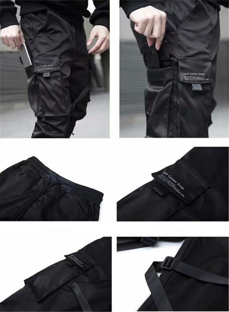 Hip Hop Boy Track Pants Elastic Waist Harem Pant Men Streetwear Punk Ribbons Design Trousers Male Black Pant Pockets Joggers