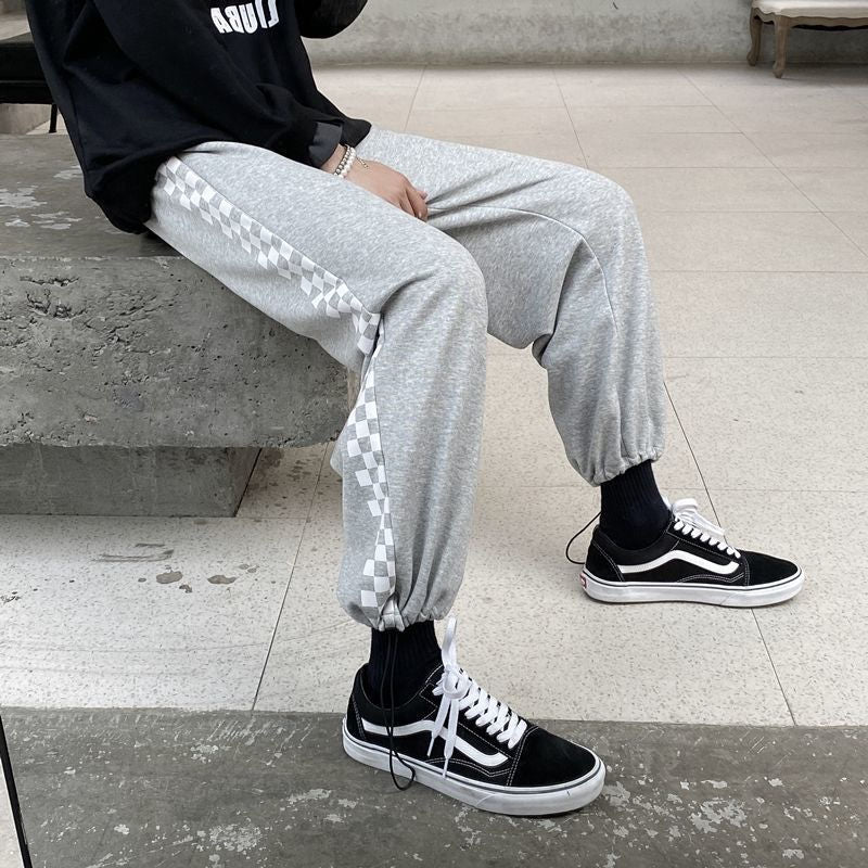 New Plaid Casual Sweatpants Men Spring Autumn High Waist Elastic Loose Trousers Men Korean Drawstring Wide Leg Pants