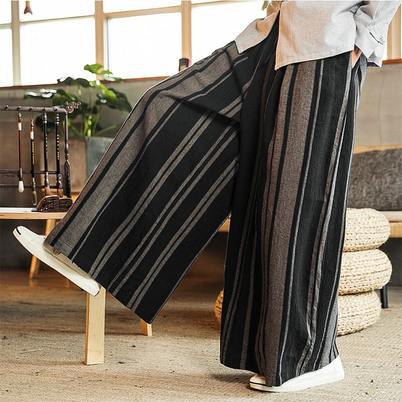 Streetwear Men’s Wied Leg Pants 2023 Striped Man Casual Loose Cotton Linen Trousers Male High Quality Jogger Sweatpants 3XL