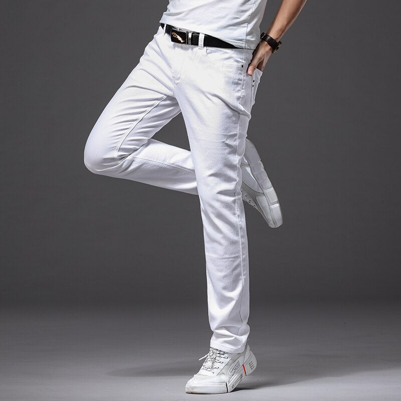 Spring New Men's Stretch White Jeans  Classic Style Slim Fit Soft Trousers Male Brand Business Casual Pants