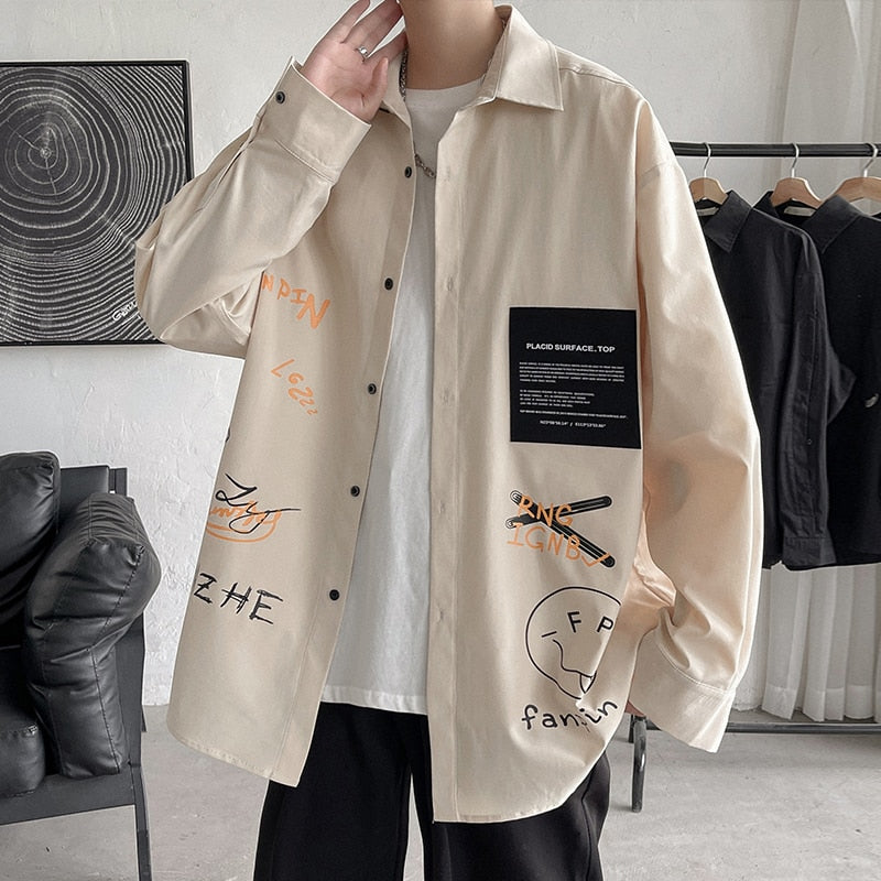 Spring Autumn Men's Shirt Long Sleeve Graffiti Oversized Shirts Men Korean Style Fashion Harajuku Men's Clothing Streetwear