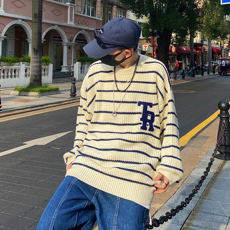 Letter Embroidery Striped Round Neck Knitted Sweater Men's Pullover Korean High Street Casual Oversize Couple Sweaters