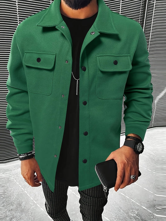 Men's Casual Flap Pocket Jacket, Chic Button Up Mature Coat For Fall Winter