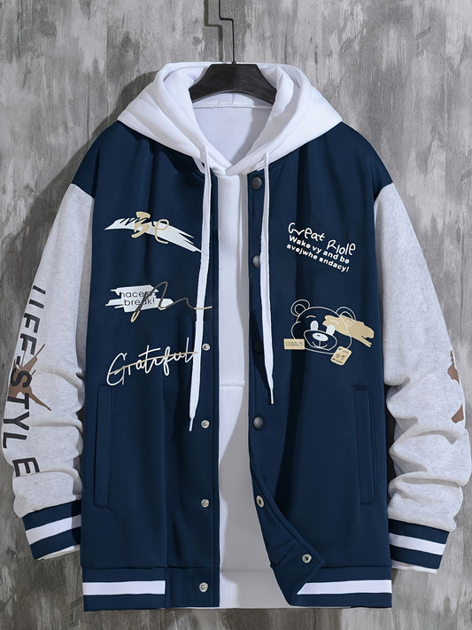 Men's Letter Print Varsity Jacket - Casual Baseball Coat for Spring and Autumn