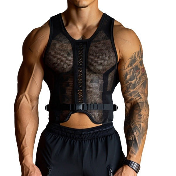 Summer plus Size Men's Sexy Transparent Mesh Sports Fitness Sleeveless Vest