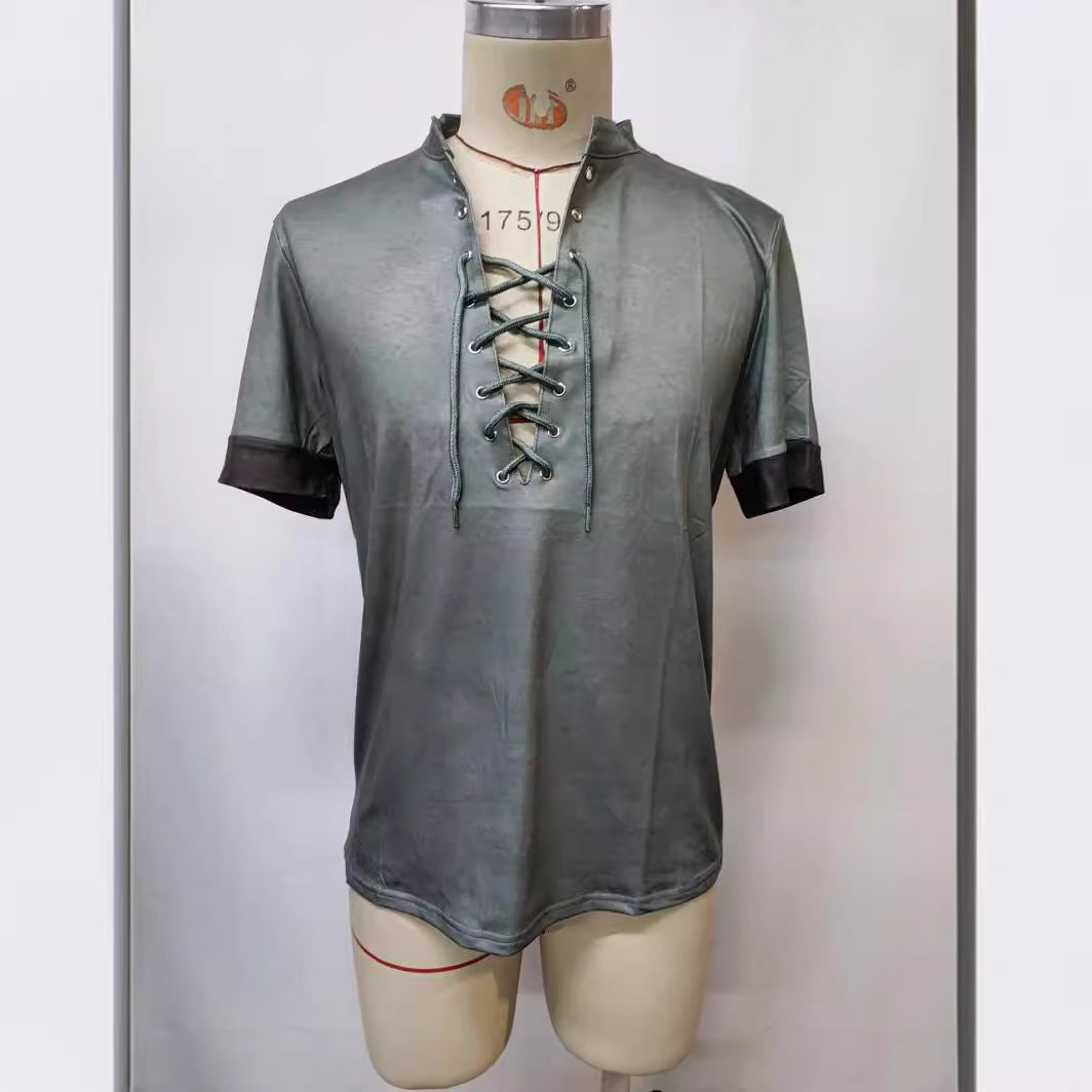 Large Size Spring and Summer Men's Retro V-neck Lace-up Casual Color-blocked Short-sleeved T-shirt