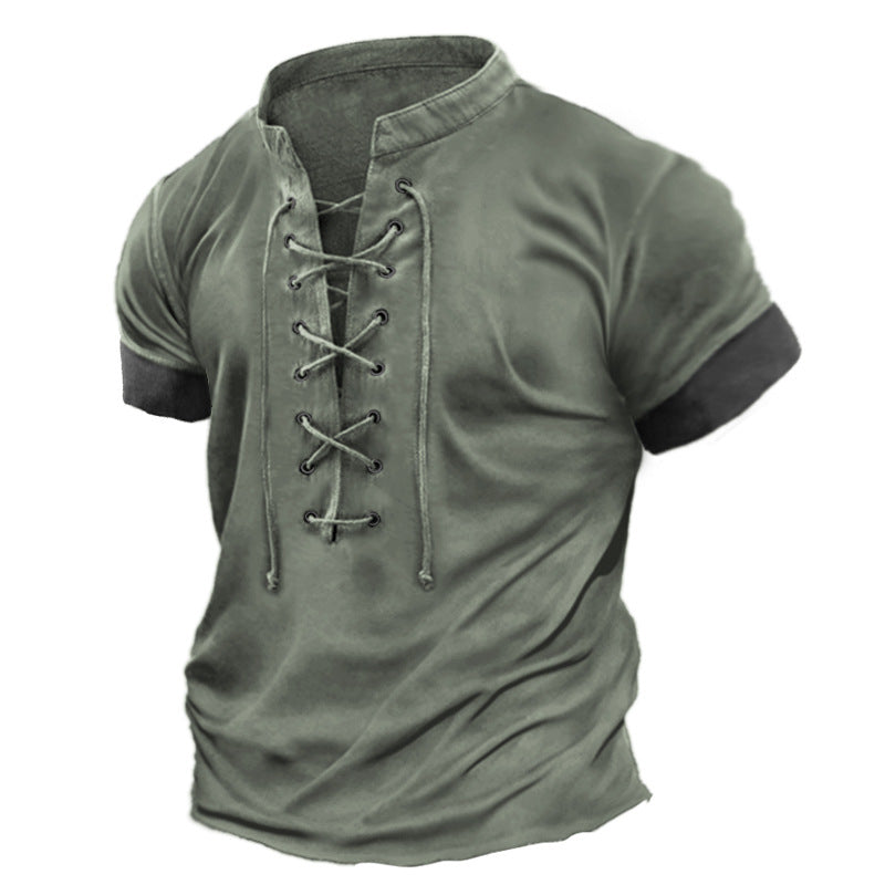 Large Size Spring and Summer Men's Retro V-neck Lace-up Casual Color-blocked Short-sleeved T-shirt