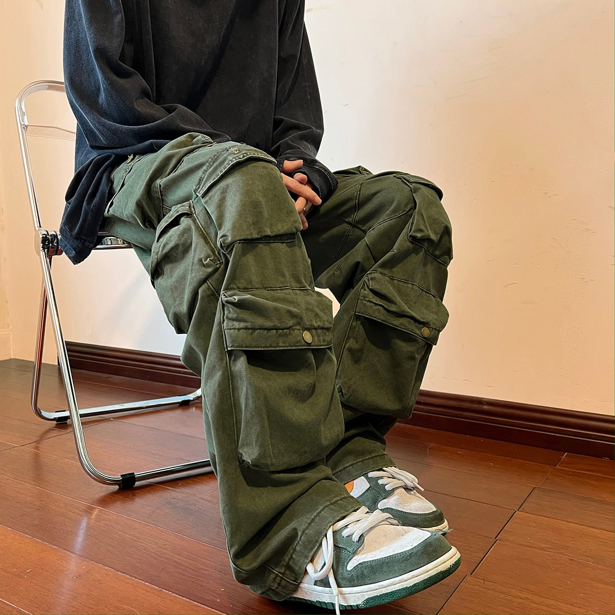 Cargo Pants Multi-pockets Tooling Pant Harajuku Men's Vintage Loose Wide Leg Pants Streetwear Casual Hip-hop Mopping Trousers