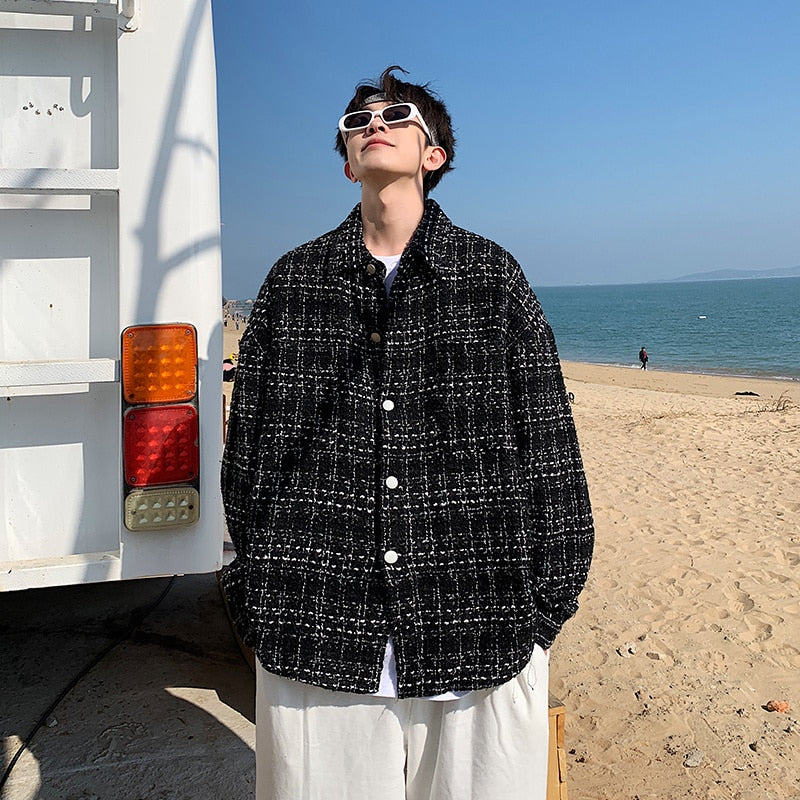 French small fragrance coat men's fashion high sense men's clothing spring and autumn tweed woven thousand bird check shirt men