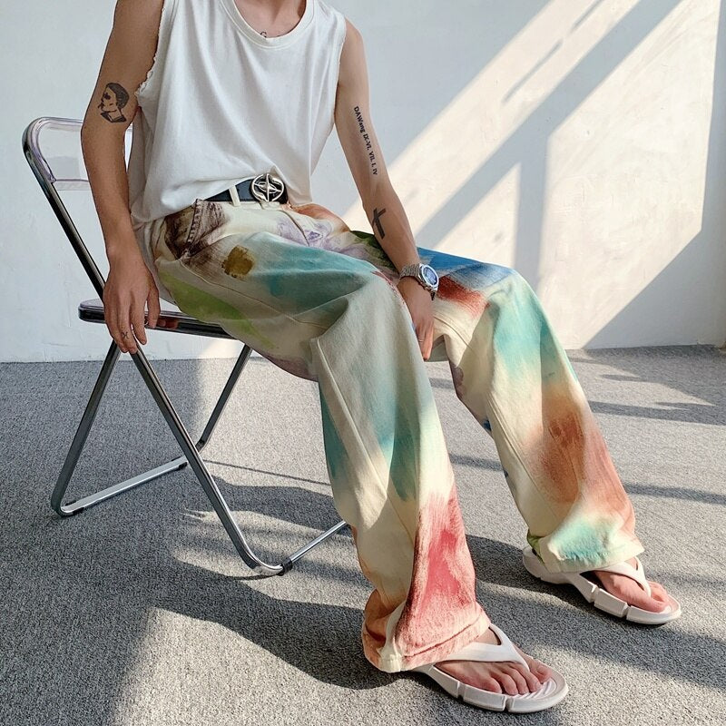 Oldschool hand-painted oil painting jeans with colorful paint style, high-end pants, trendy floor mops