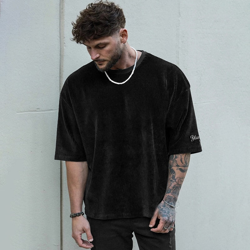 Summer Men's Ribbed T Shirts Fashion Letter Embroidery Loose Short Sleeve Tees 2023 Streetwear Men Clothes Casual Pullover Tops