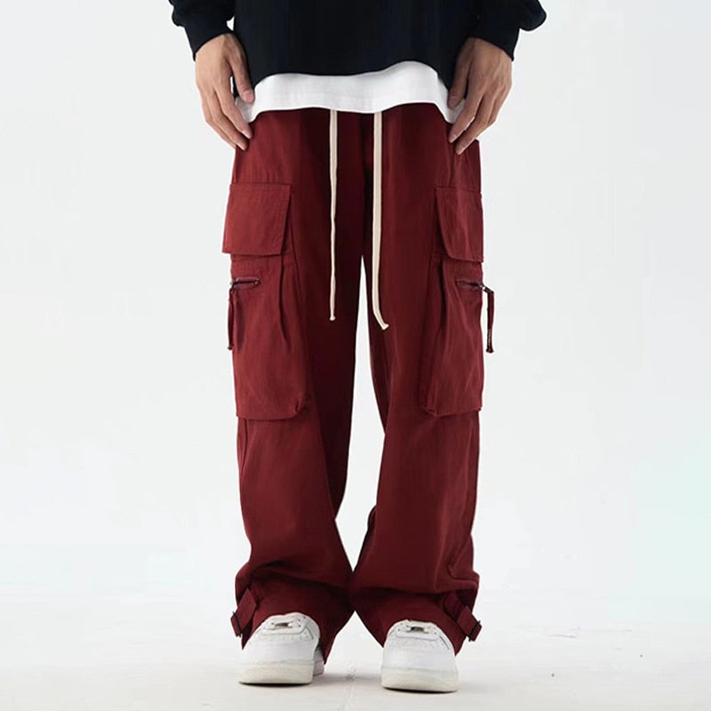 Y2K Red Cargo Pants for Men Harajuku Black Trousers Male Streetwear Hip Hop Pocket Loose Casual American Safari Style